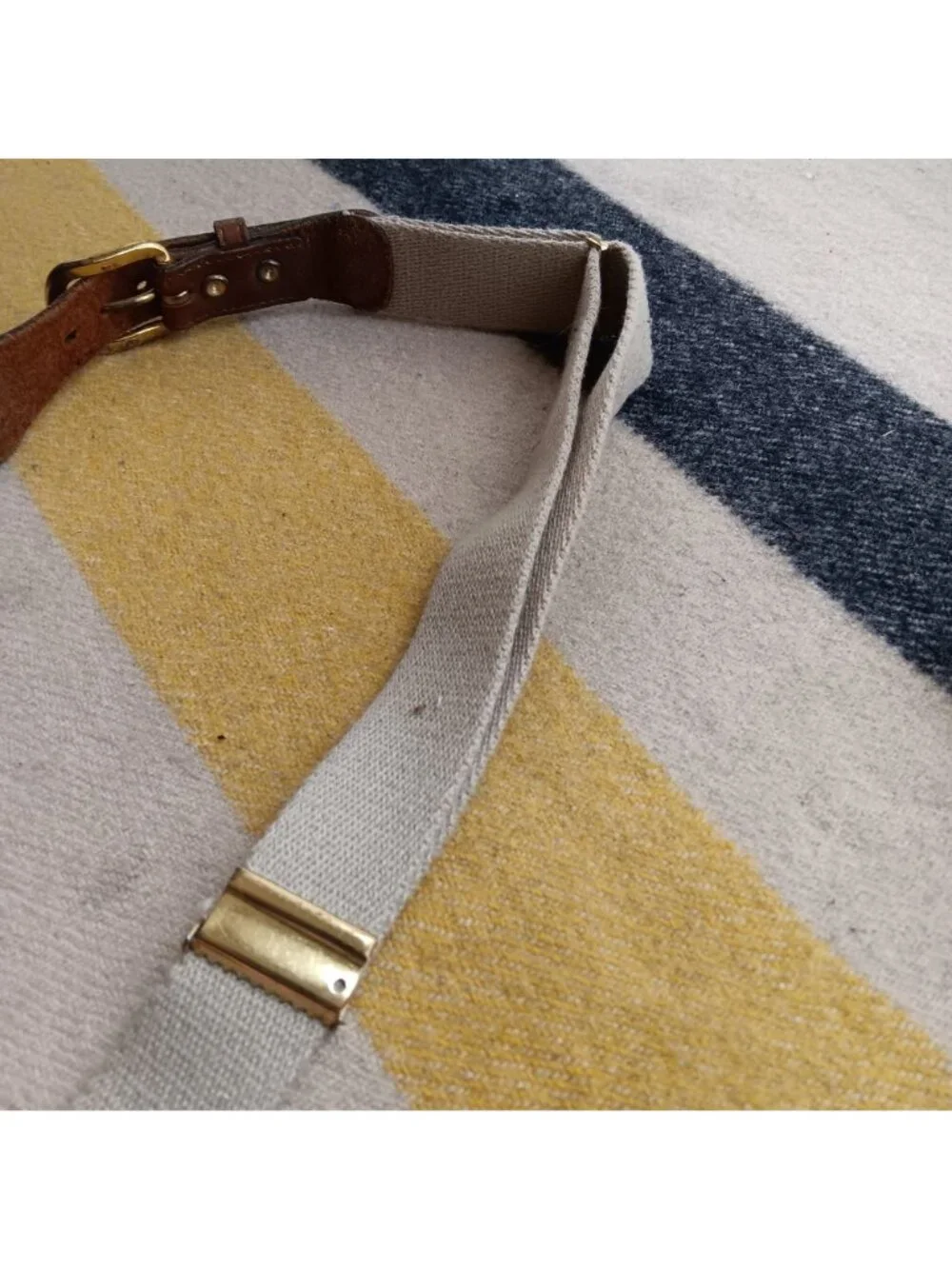 True Vintage Medium to Large Brown Leather Canvas Belt Brass Buckle Adjustable